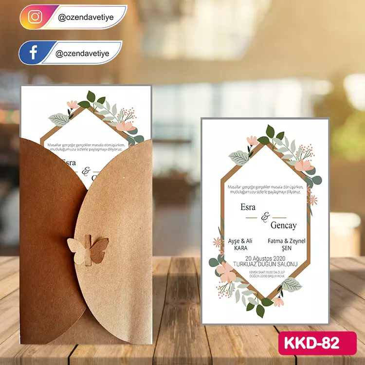 ozen-davetiye-Düğün Davetiyesi - Kelebekli Kraft Zarflı Davetiye Model No:82